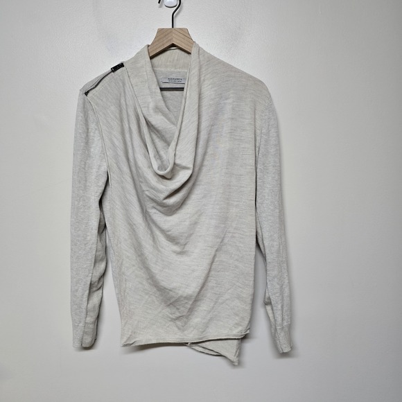 Allsaints Drina Merino Wool Avant Garde Women Beige Y2K Cardigan Jumper US 8 - Picture 1 of 8